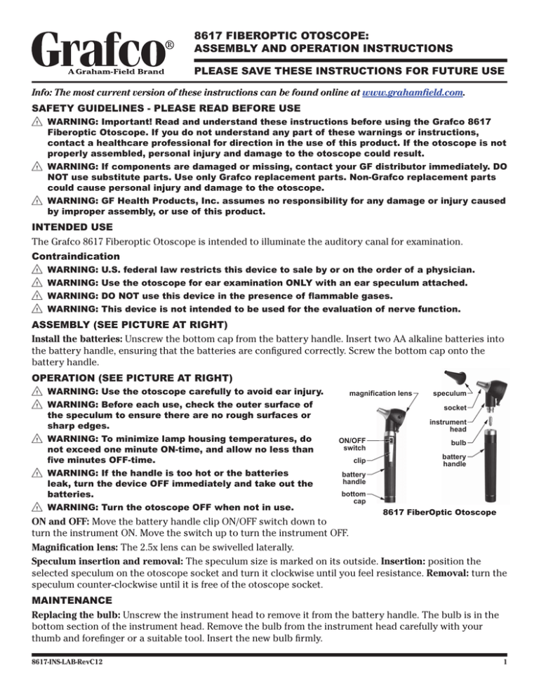 8617 Fiberoptic otoscope Assembly And operAtion instructions