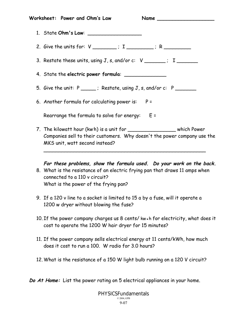 9-07 -Worksheet - Power and Ohm`s Law