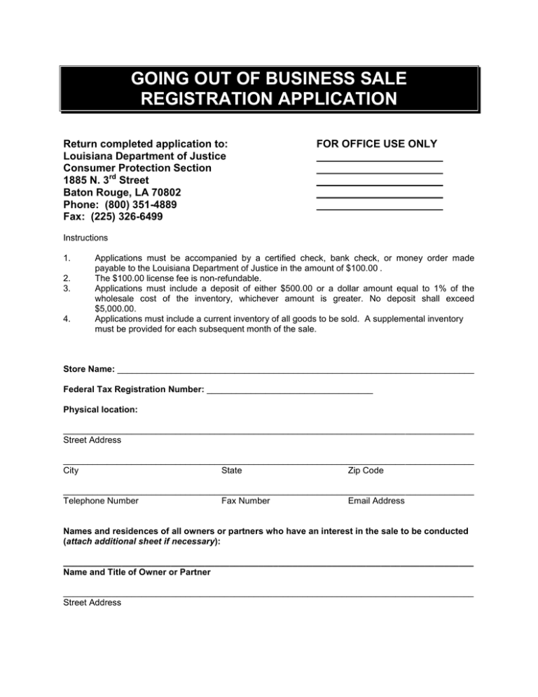 Going Out Of Business Application Form