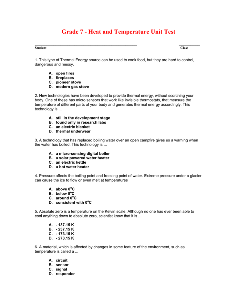 grade 7 heat and temperature unit test