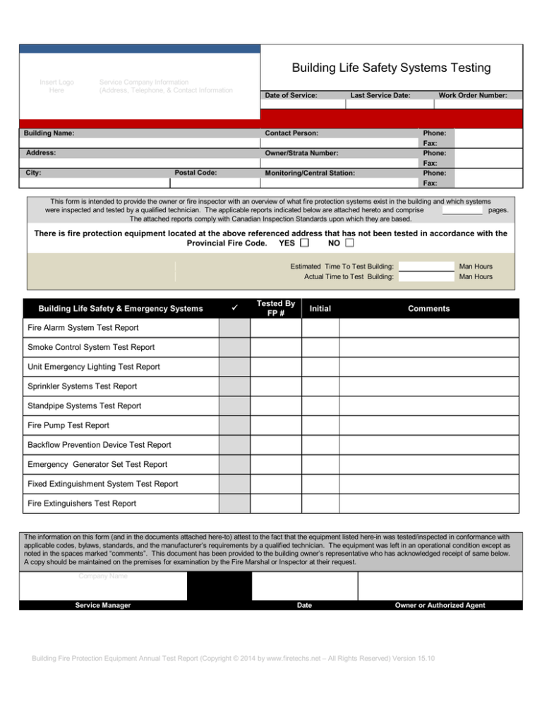 CAN ULC S536 04 Fire Alarm Annual Inspection Test Form