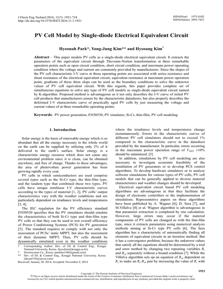 PV Cell Model by Singlediode Electrical Equivalent Circuit