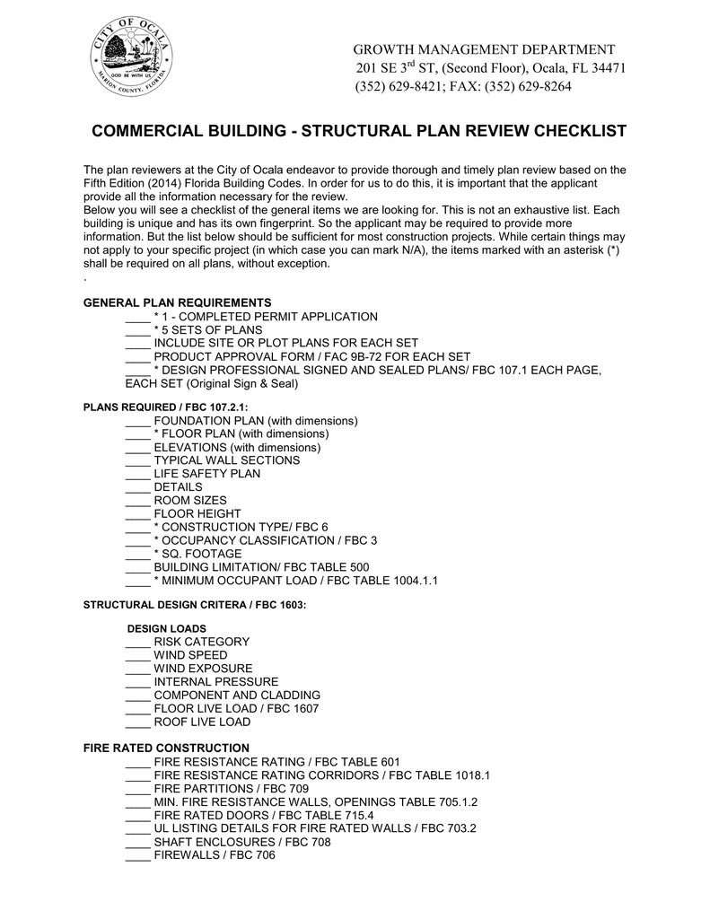 commercial building - structural plan review checklist