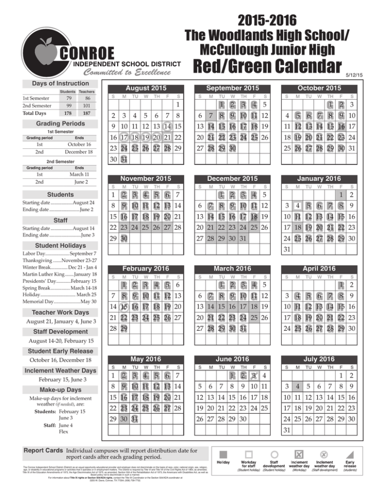 Red/Green Calendar McCullough Junior High