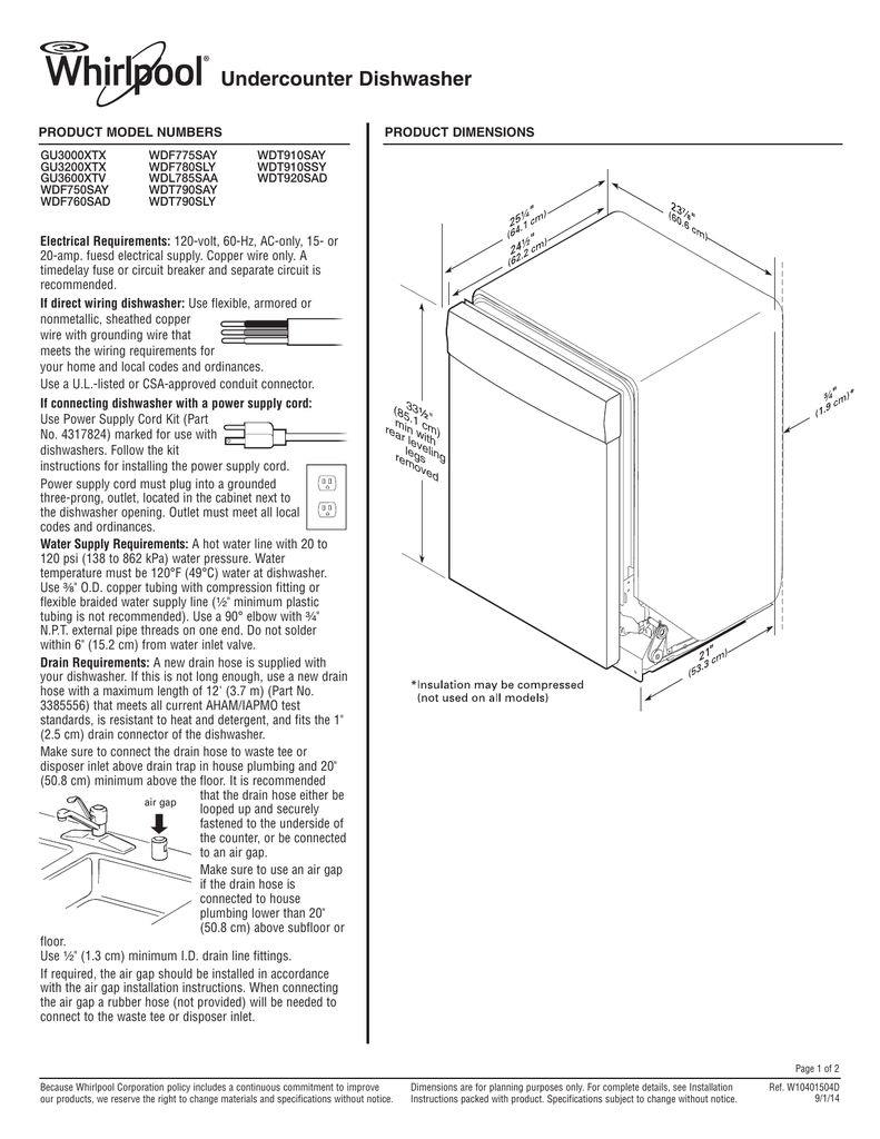 undercounter dishwasher dimensions