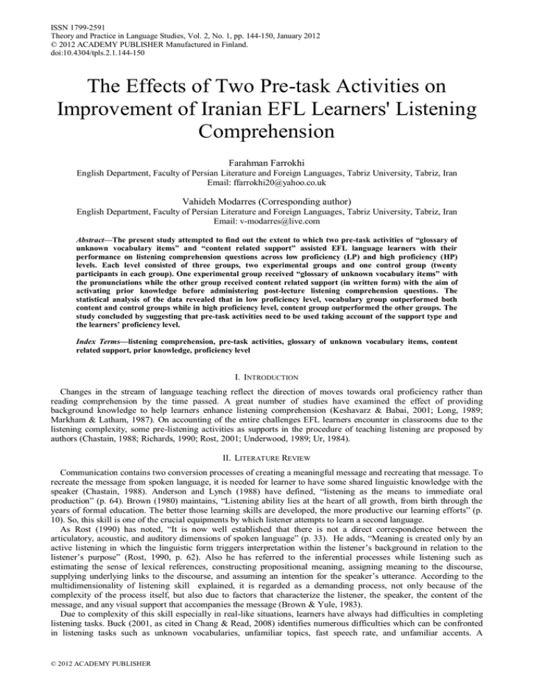 The Effects of Two Pre-task Activities on Improvement of Iranian EFL