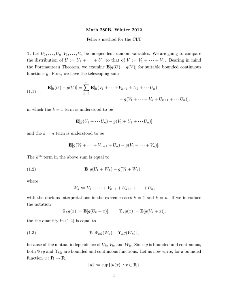 Math 280b Winter 12 Feller S Method For The Clt 1 Let U 1 Un