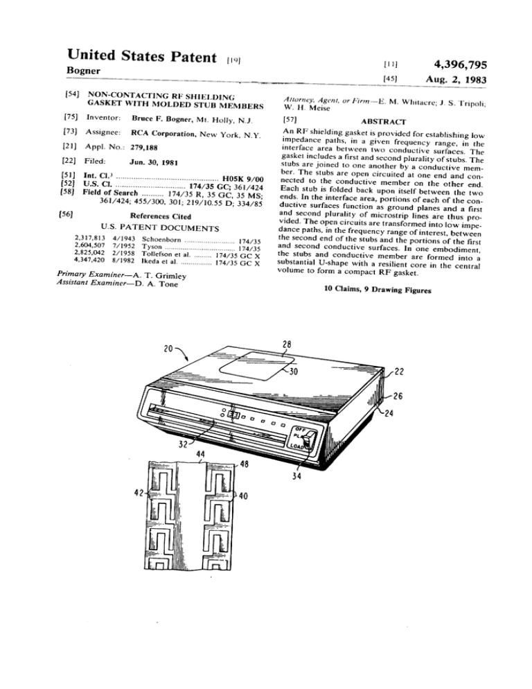 Non-contacting RF shielding gasket with molded stub members