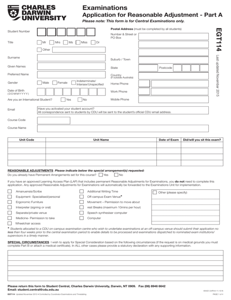 Application For Reasonable Adjustment Egt114 4709