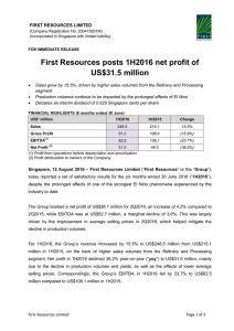 First Resources posts 1H2016 net profit of US$31.5 million