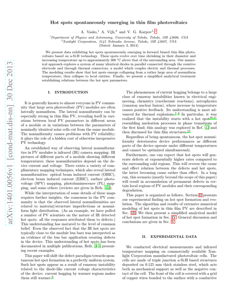 Hot Spots Spontaneously Emerging In Thin Film Photovoltaics