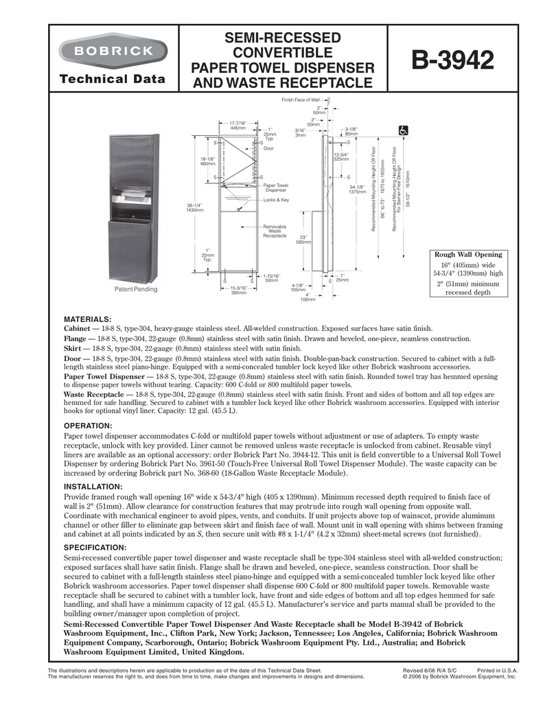 B 3942 Bobrick Toilet Accessories