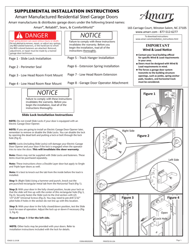 SUPPLEMENTAL INSTALLATION INSTRUCTIONS