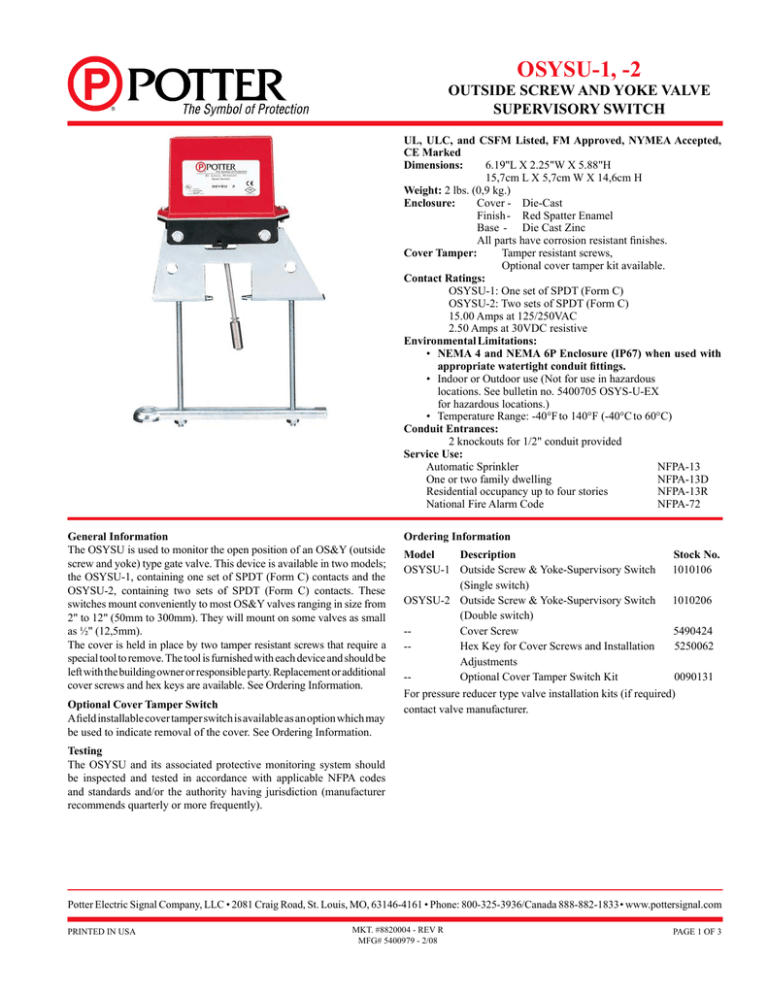 Submittal Sheet - OSYSU1 – 2 – Valve Supervisory