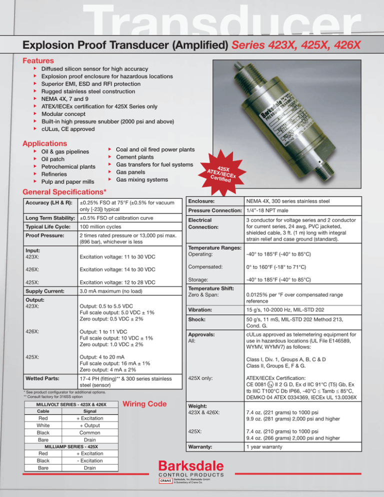 Explosion Proof Transducer (Amplified) Series 423X, 425X, 426X