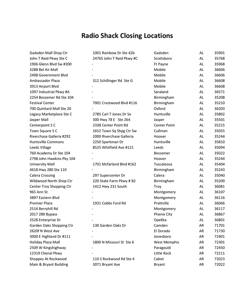 Radio Shack Closing Locations