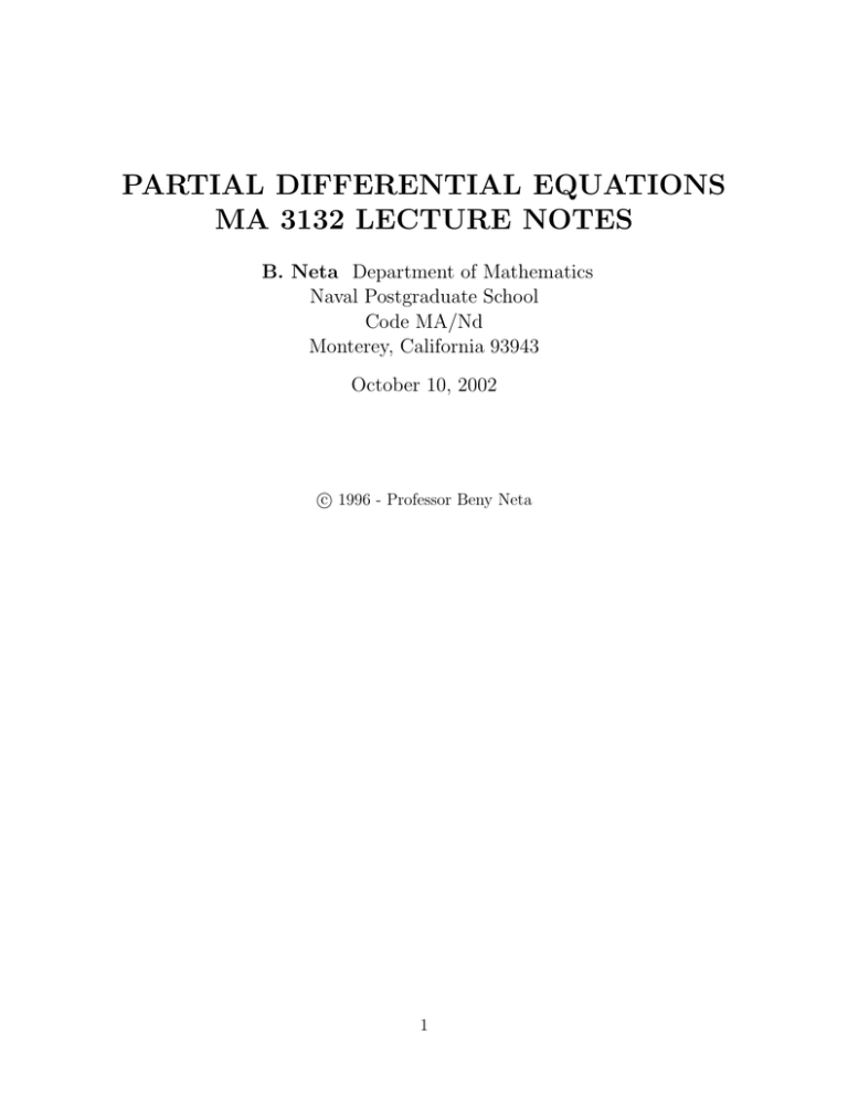 Partial Differential Equations Ma 3132 Lecture Notes