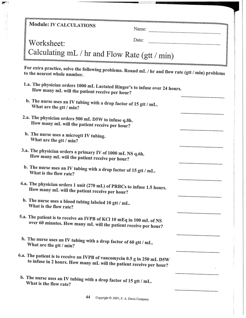 Worksheet: Calculating mL / hr and Flow Rate (gtt / min) With Regard To Unit Rate Word Problems Worksheet