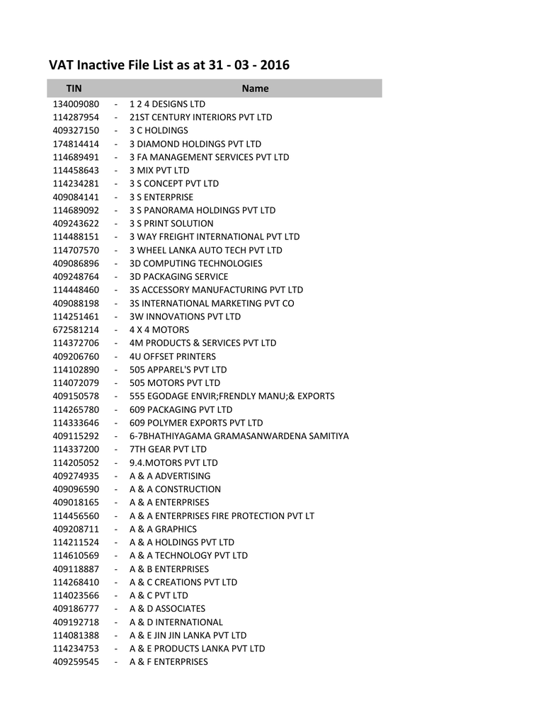 Vat Inactive File List As At 31 03