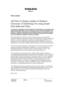 AB Volvo to finance studies at Chalmers University of Technology for