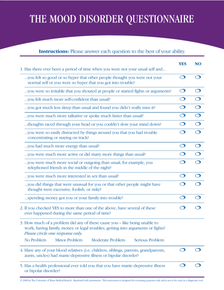 Mood Disorder Questionnaire Depression And Bipolar Support