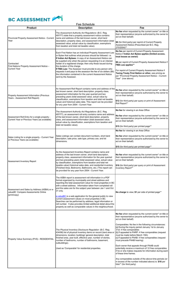 Fee Schedule - BC Assessment