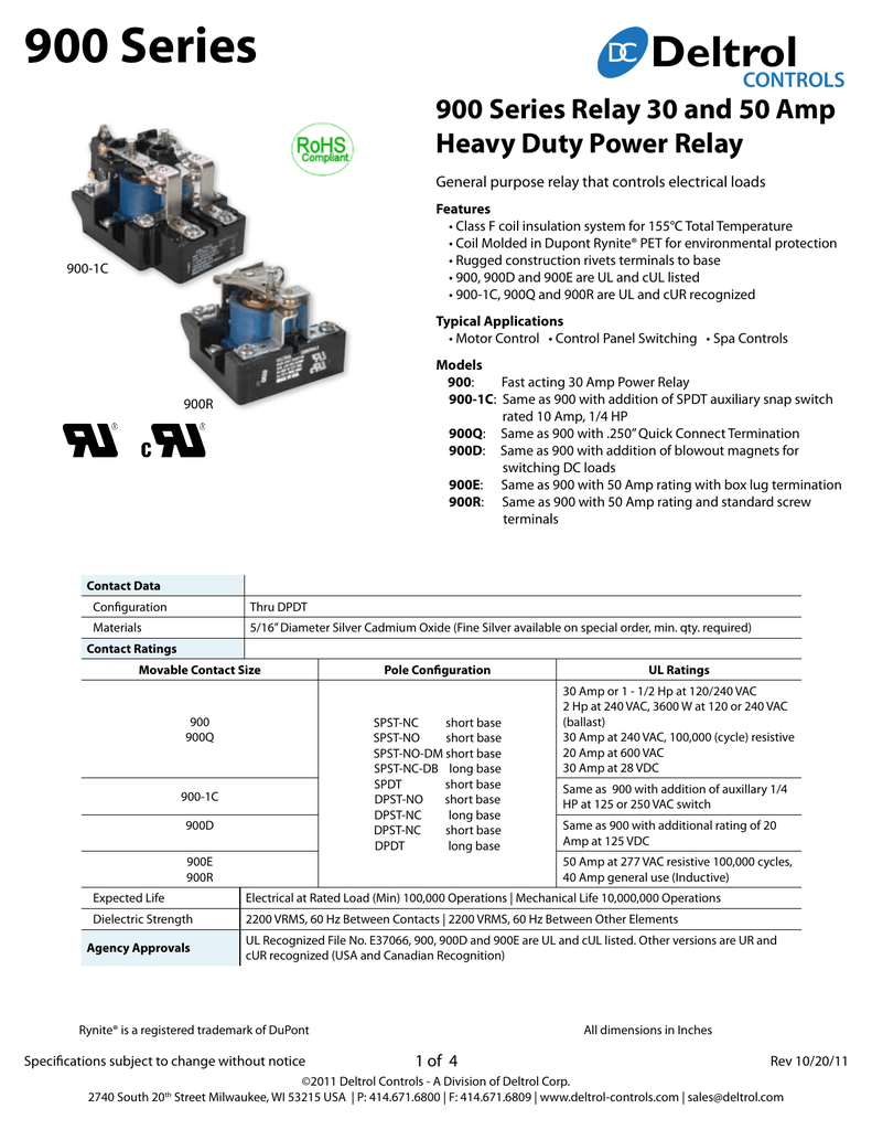 DELTROL CONTROLS 900QR DPDT 21080-84 Coil 110VDC S155D 50Amp@ 277V Power Relay 
