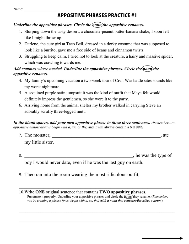 Appositive Phrase Worksheet With Answer Key