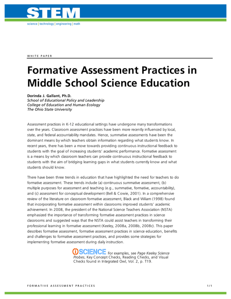 Formative Assessment Practices In Middle School Science Education