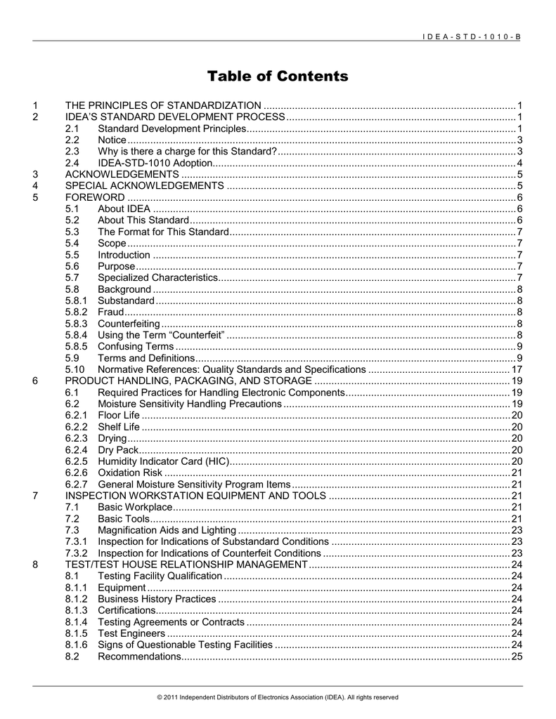 to view the IDEA-STD-1010-B Table of Contents.