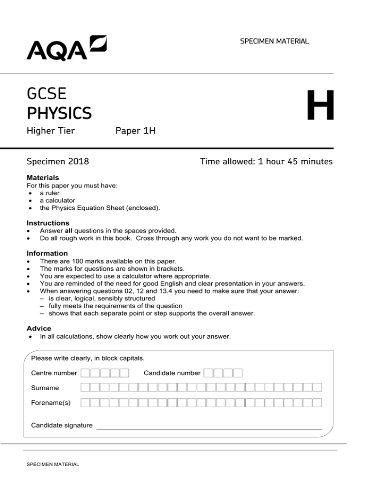 Gcse Physics Specimen Question Paper Paper 1 8161