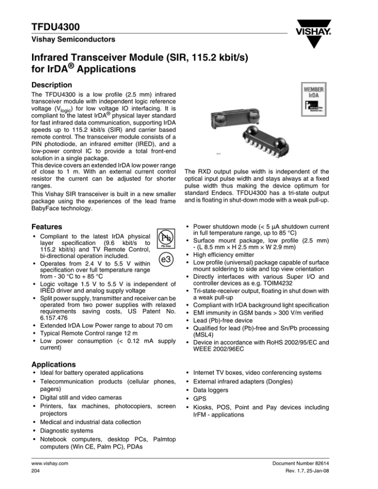 TFDU4300 Infrared Transceiver Module (SIR