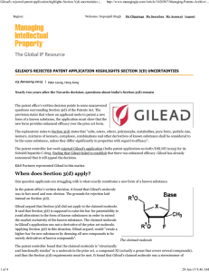 Gilead`s rejected patent application highlights Section 3(d