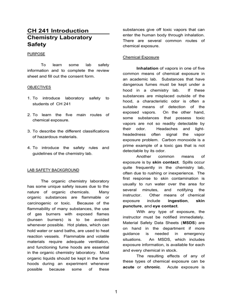 CH 241 Introduction Chemistry Laboratory Safety