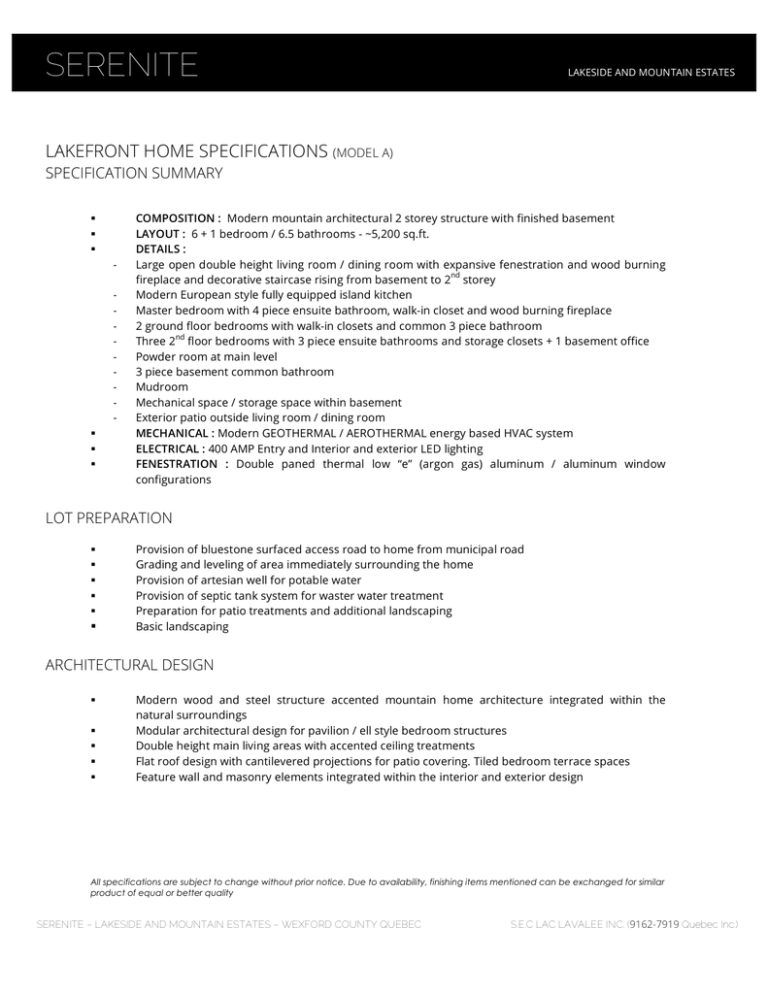 Val Morin Base Home Specifications