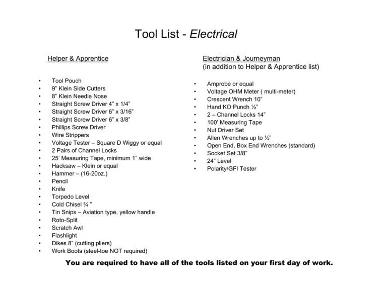 Tool List Electrical