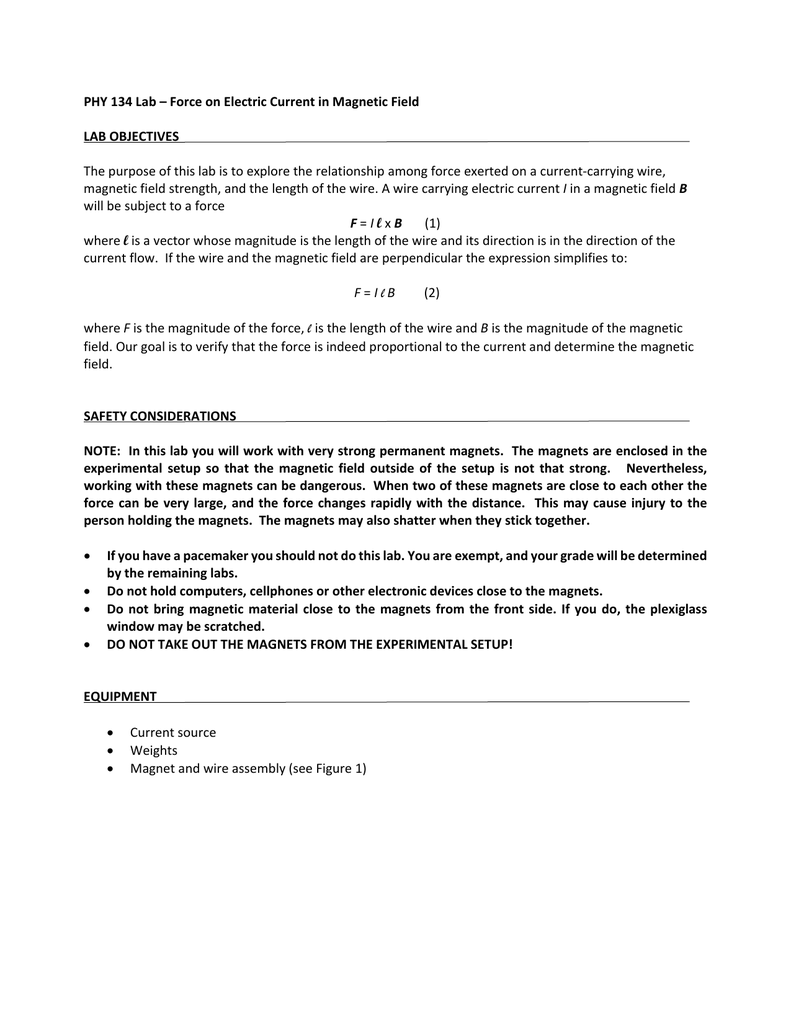 PHY 134 Lab Force on Electric Current in Field LAB