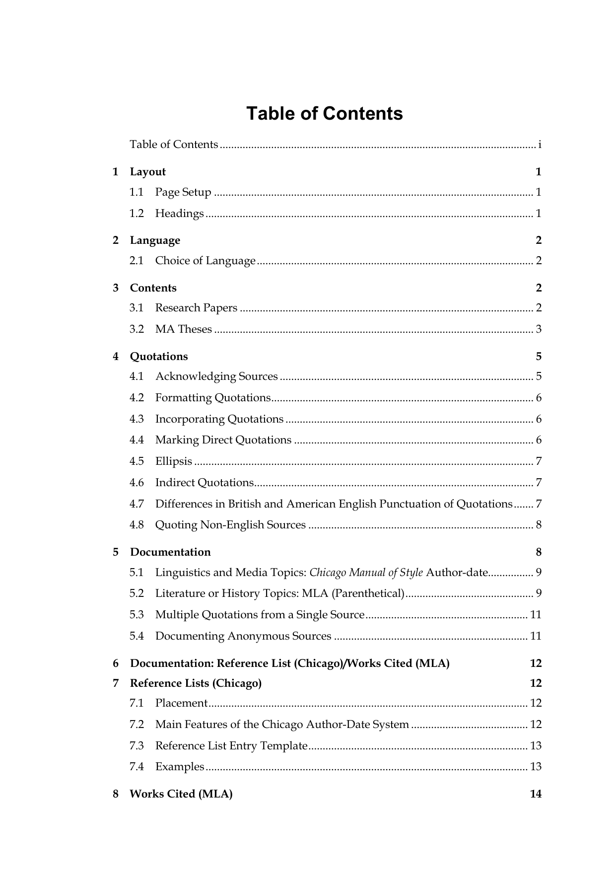 mla table of contents example