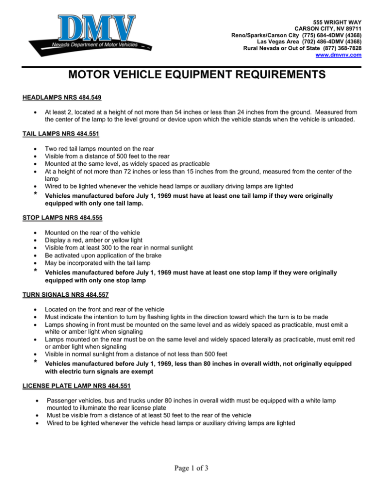 Nevada Motor Vehicle Equipment Requirements