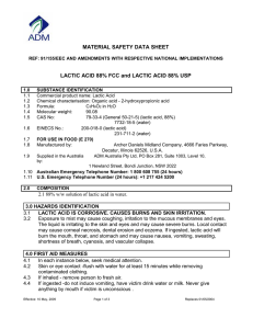 MATERIAL SAFETY DATA SHEET LACTIC ACID 88% FCC and