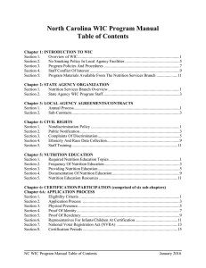 North Carolina WIC Program Manual Table of Contents