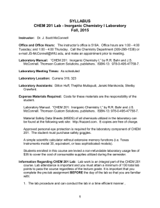 SYLLABUS CHEM 201 Lab - Inorganic Chemistry I Laboratory Fall