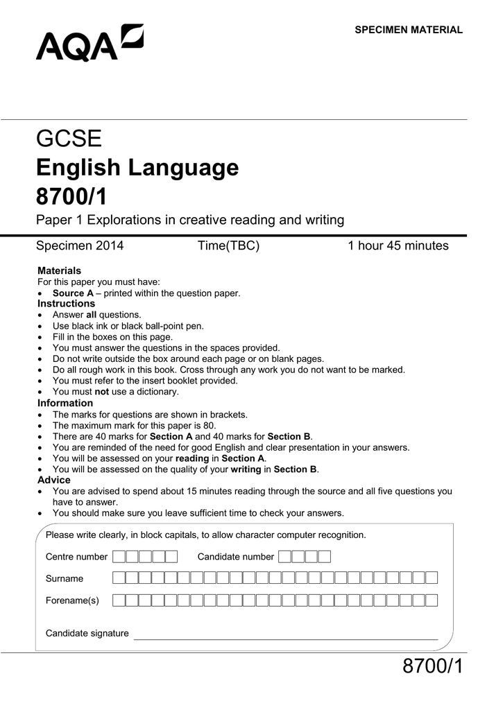 GCSE English Language Specimen question paper Paper 1