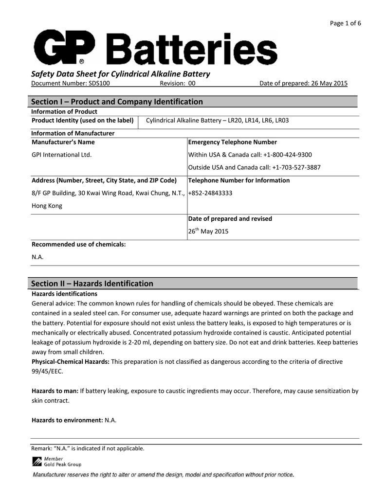 Safety Data Sheet For Cylindrical Alkaline Battery Section 50 OFF