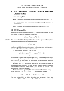 Partial Differential Equations 1 PDE Generalities, Transport Equation