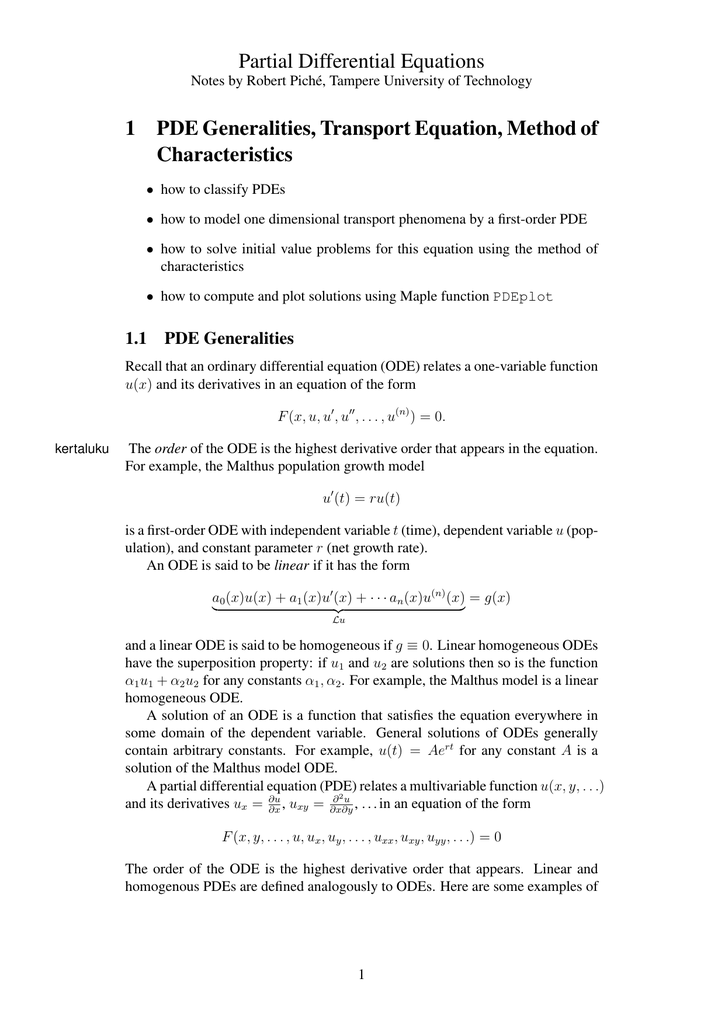 Partial Differential Equations 1 Pde Generalities Transport Equation