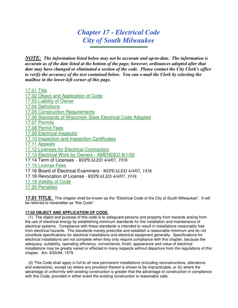 Chapter 17 Electrical Code City of South Milwaukee