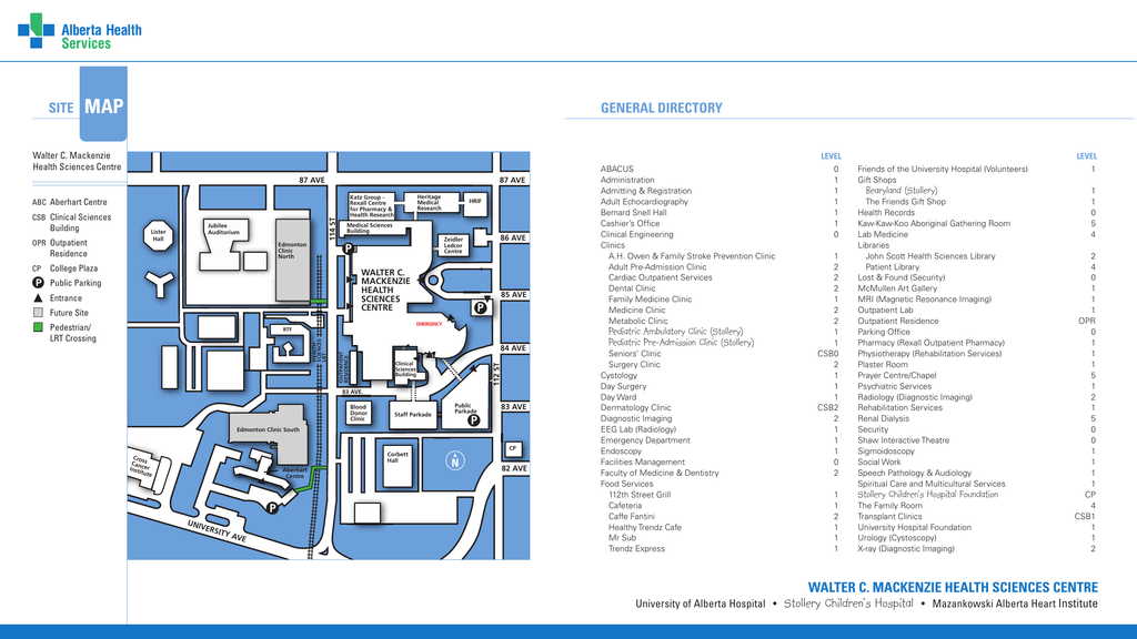 university of alberta hospital map level 1 General Directory Site Map Walter C Mackenzie university of alberta hospital map level 1