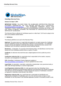 GlobalSign Warranty Policy Version 3.0, Sept 7, 2015 IMPORTANT