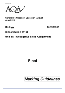 A-level Biology Mark scheme Unit 03T (Q13) - ISA June 2013
